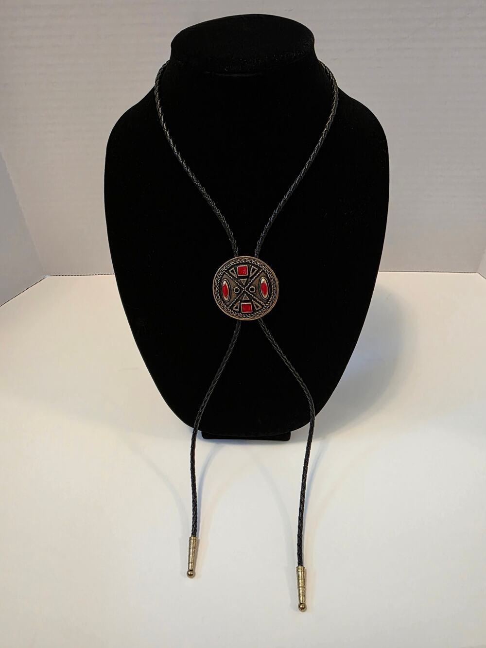 Vtg Red Coral Stones Native American Western Bolo Braided Black Leather Gold